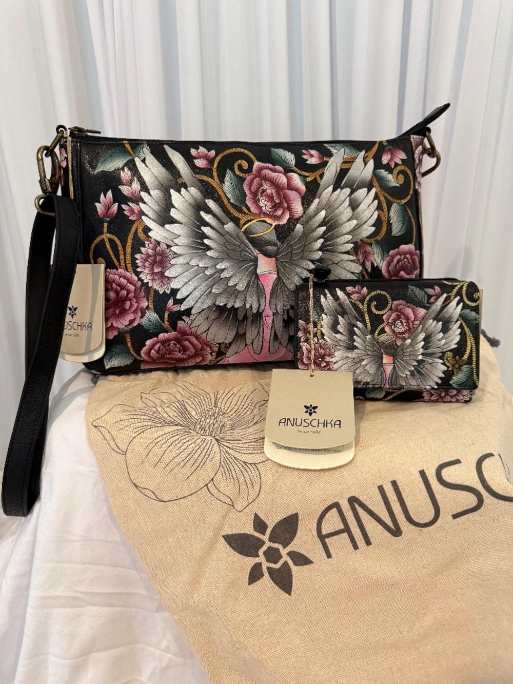 Anuschka Hand Painted Leather Guardian Angel Matching Purse & RFID Wallet Set NW
